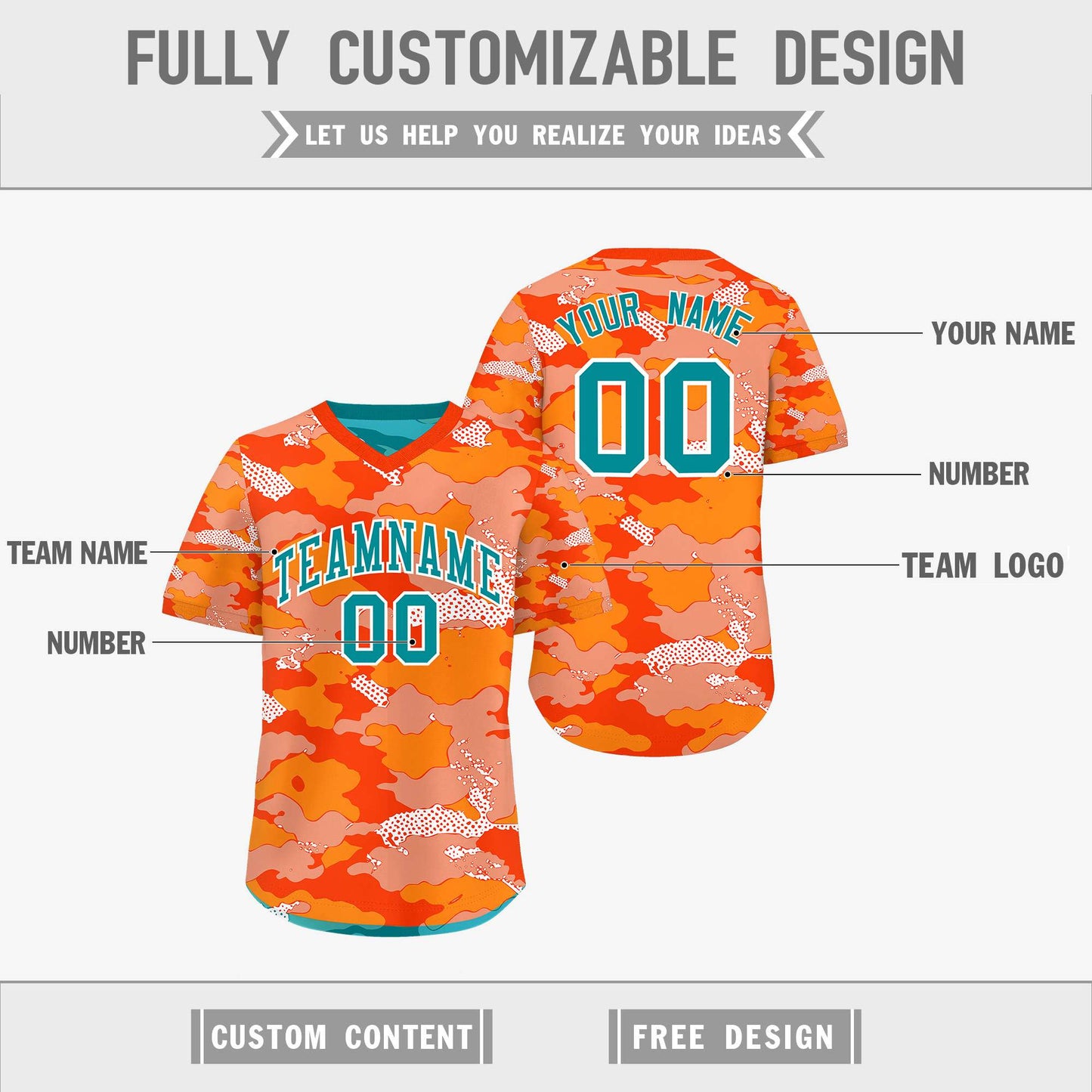 Custom Orange Light Orange Teal Reversible Pullover Baseball Jersey Camo Stretch Fabric