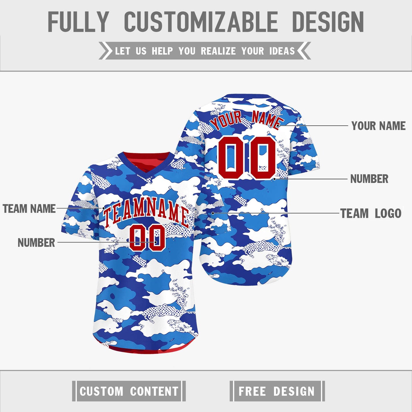 Custom Royal Royal Blue Red Reversible Pullover Baseball Jersey Camo Breathable