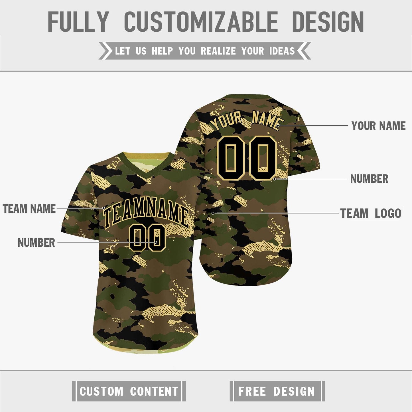 Custom Olive Light Brown Khaki Reversible Pullover Baseball Jersey Camo Lightweight
