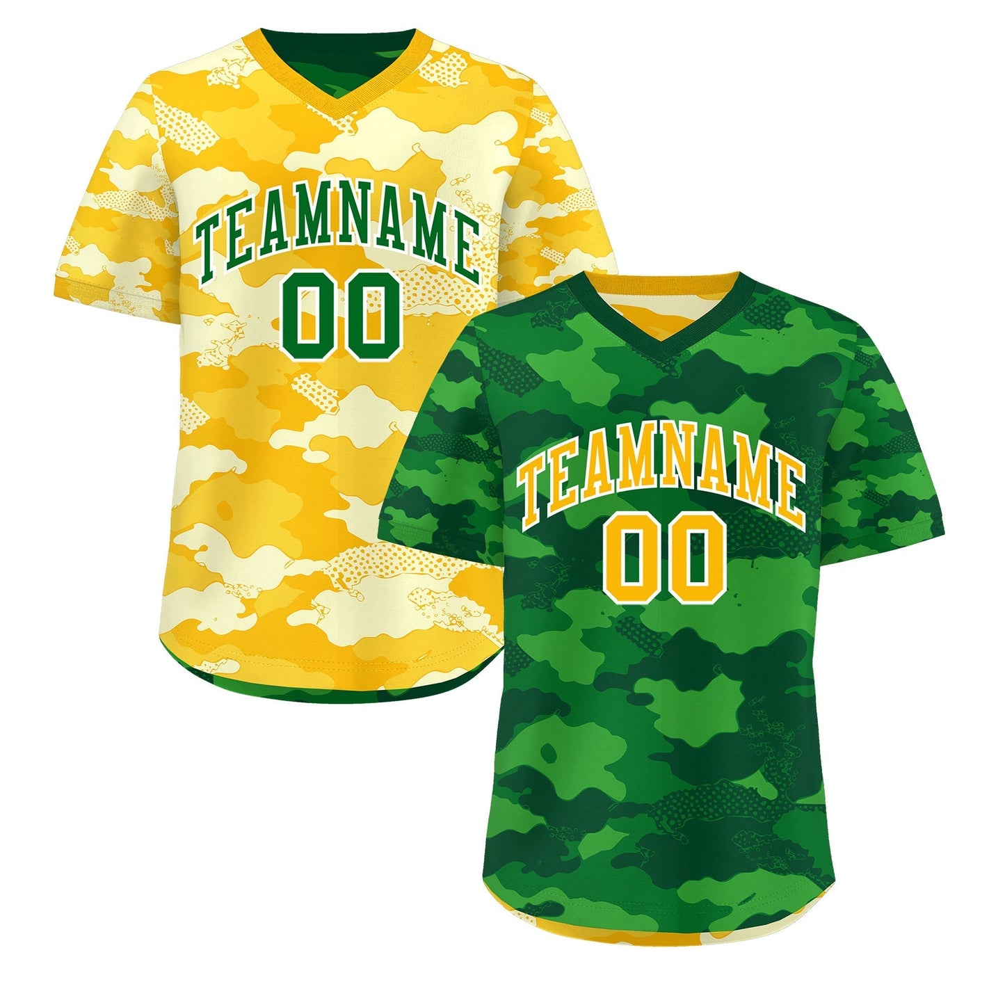 Custom Kelly Green Light Green Yellow Reversible Pullover Baseball Jersey Camo Stretch Fabric