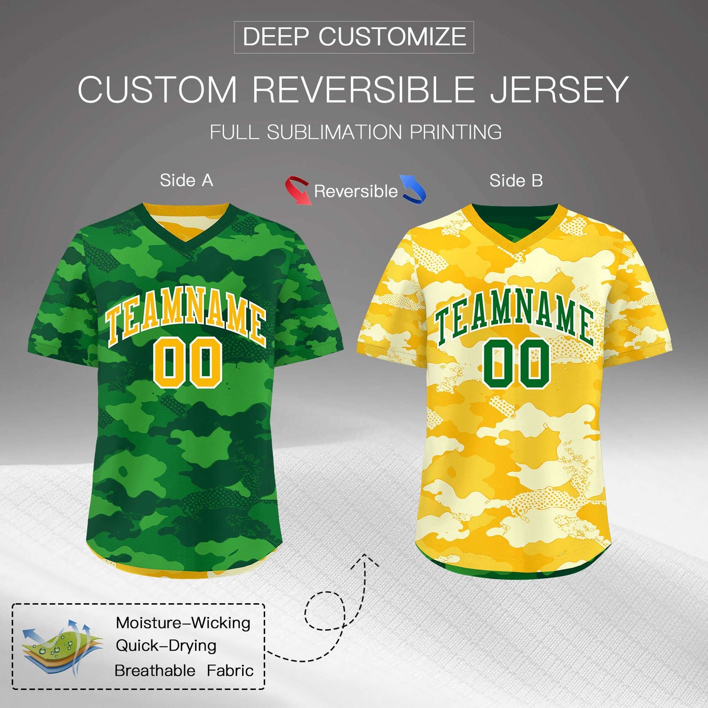 Custom Kelly Green Light Green Yellow Reversible Pullover Baseball Jersey Camo Stretch Fabric