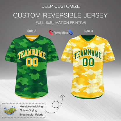 Custom Kelly Green Light Green Yellow Reversible Pullover Baseball Jersey Camo Stretch Fabric