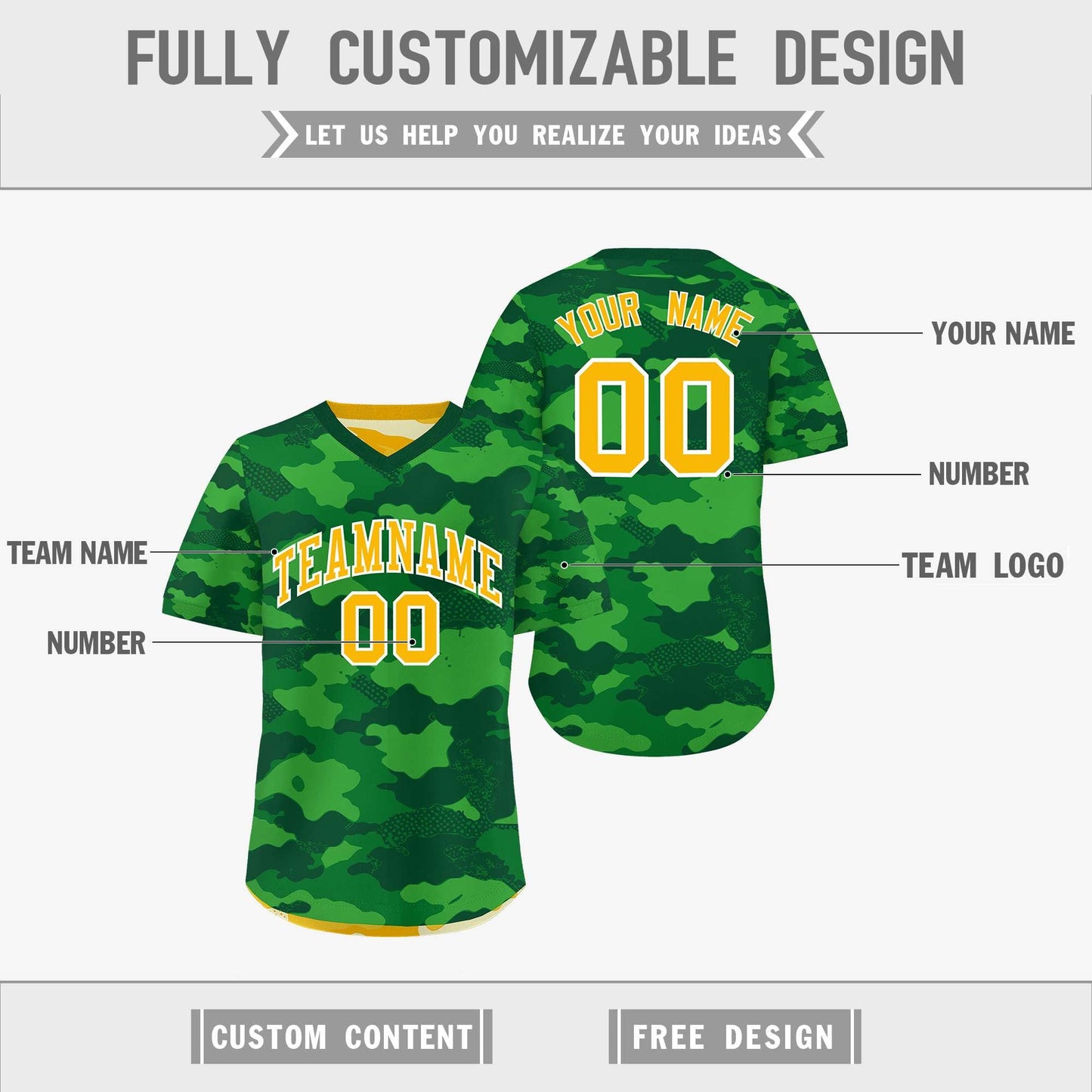 Custom Kelly Green Light Green Yellow Reversible Pullover Baseball Jersey Camo Stretch Fabric