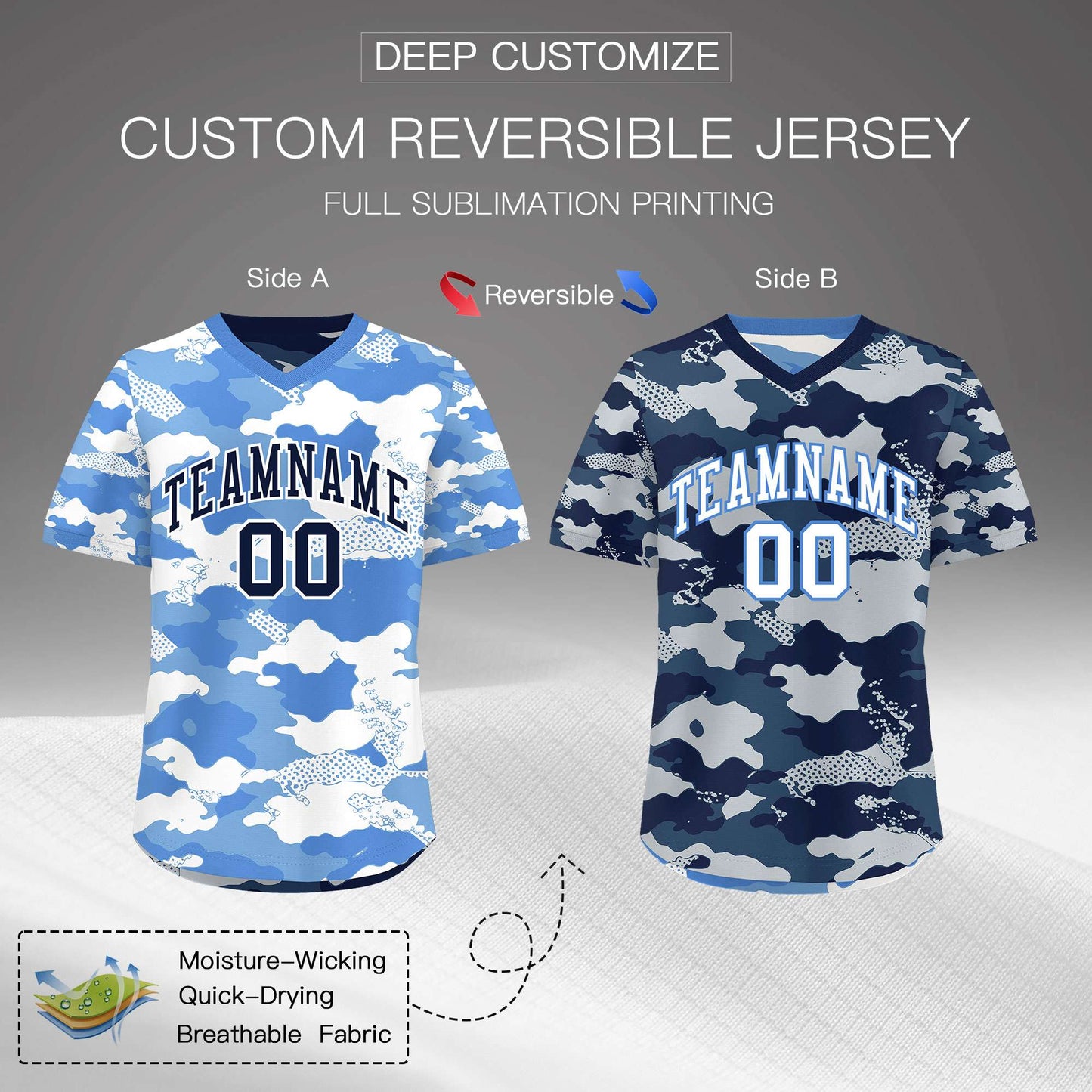 Custom Powder Blue Midnight Blue Silver Reversible Pullover Baseball Jersey Camo Breathable