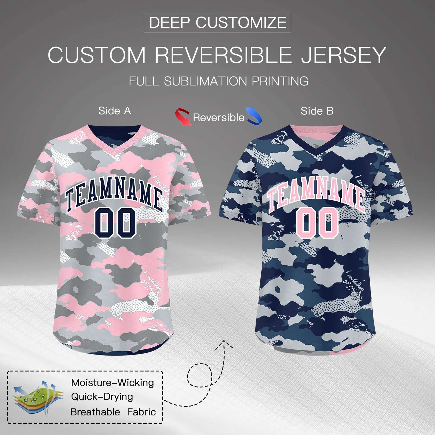 Custom Silver Gray Light Pink Reversible Pullover Baseball Jersey Camo Lightweight