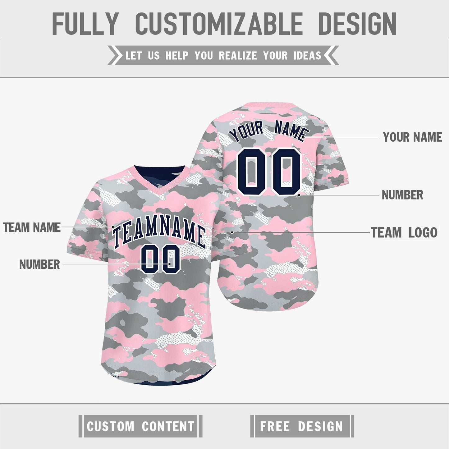 Custom Silver Gray Light Pink Reversible Pullover Baseball Jersey Camo Lightweight