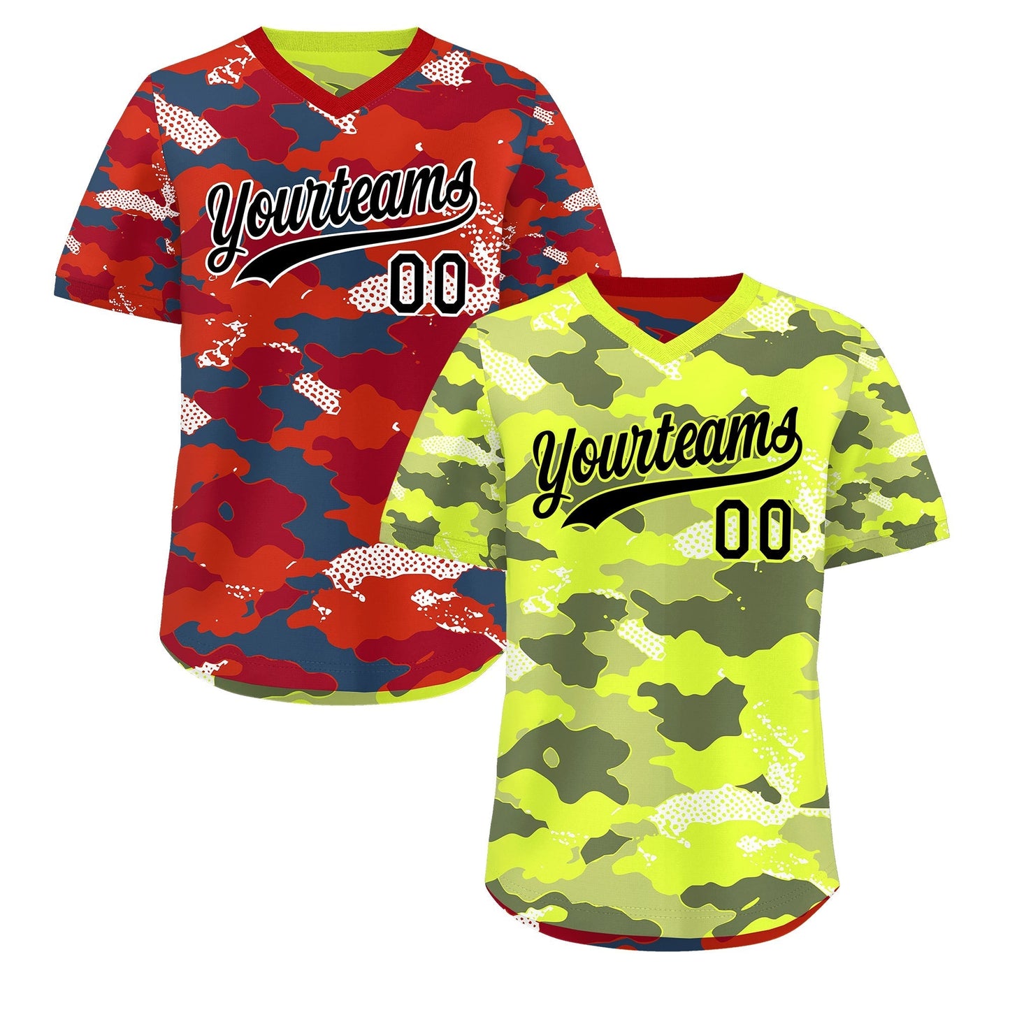 Custom Fluorescent Green Crimson Reversible Pullover Baseball Jersey Camo Stretch Fabric