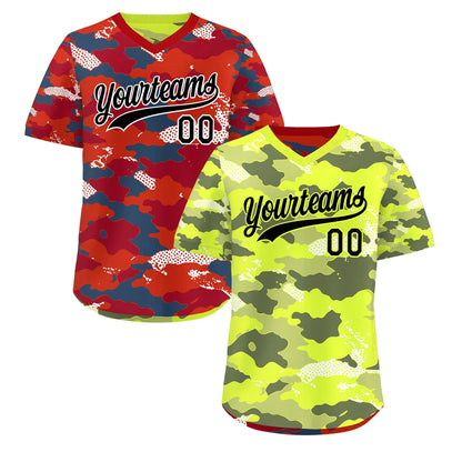 Custom Fluorescent Green Crimson Reversible Pullover Baseball Jersey Camo Stretch Fabric