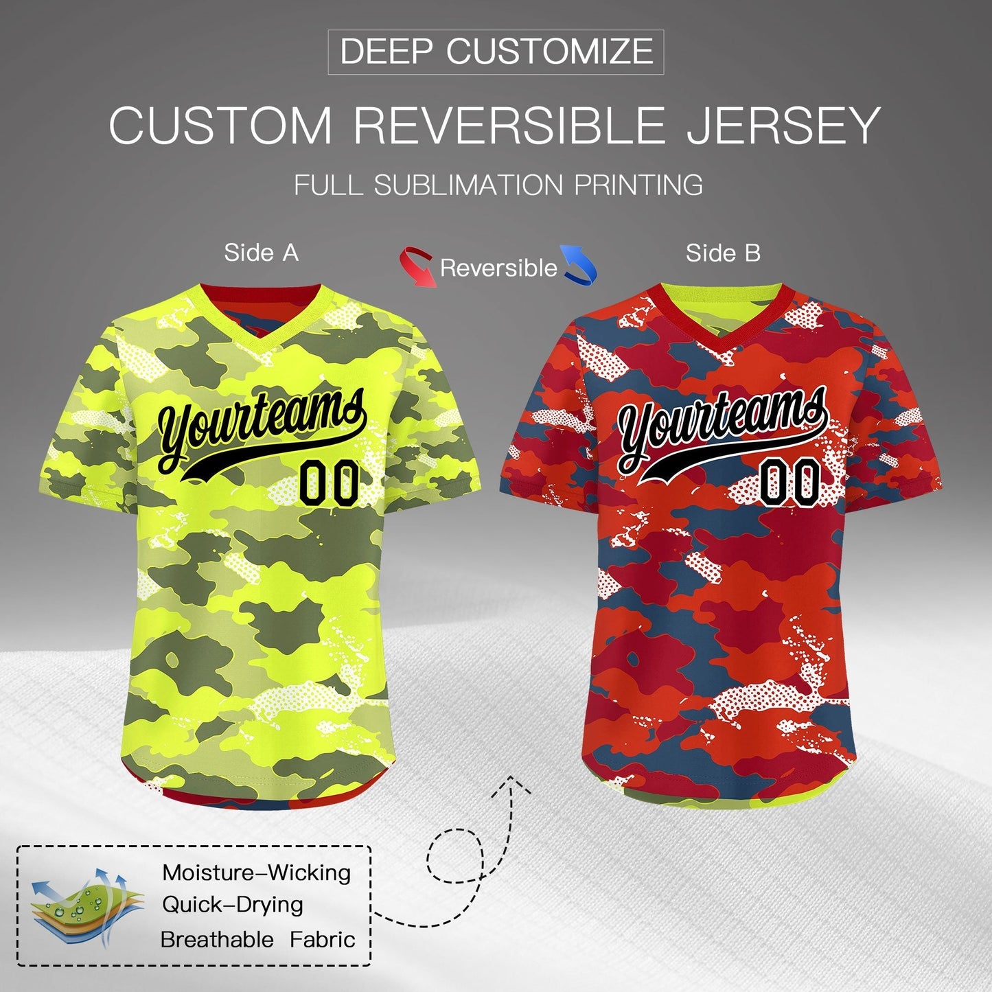 Custom Fluorescent Green Crimson Reversible Pullover Baseball Jersey Camo Stretch Fabric