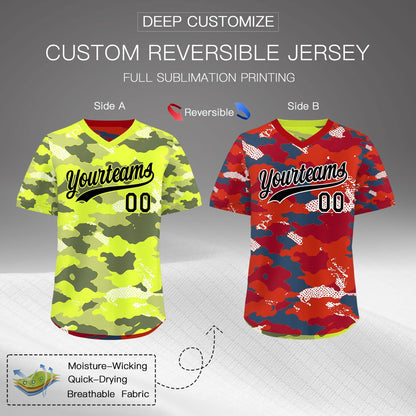 Custom Fluorescent Green Crimson Reversible Pullover Baseball Jersey Camo Stretch Fabric