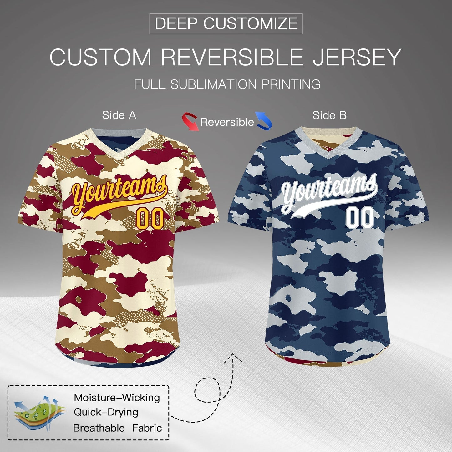 Custom Camel Cream Navy Reversible Pullover Baseball Jersey Camo Breathable