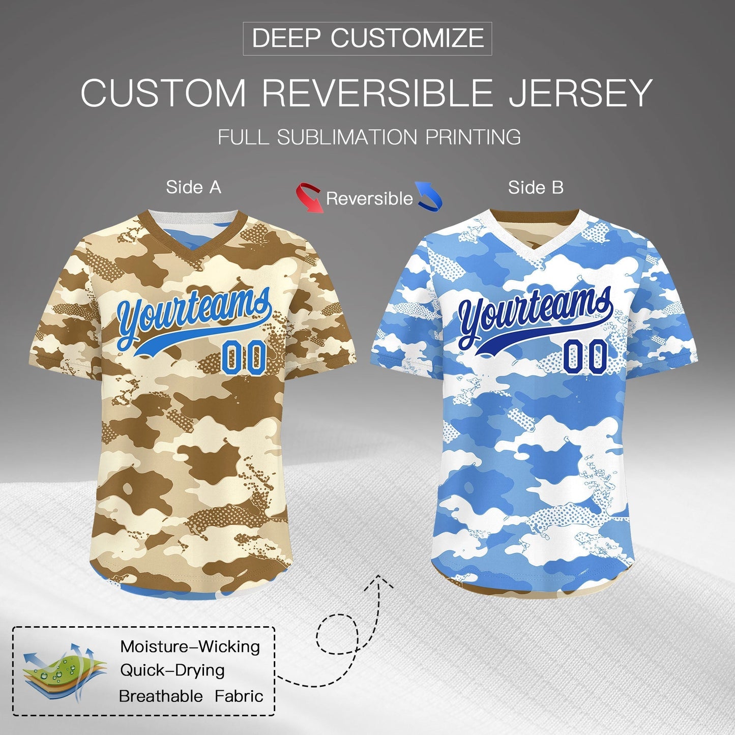 Custom Camel Cream Powder Blue Reversible Pullover Baseball Jersey Camo Lightweight