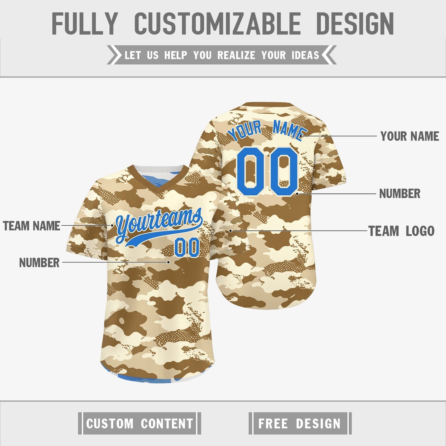 Custom Camel Cream Powder Blue Reversible Pullover Baseball Jersey Camo Lightweight