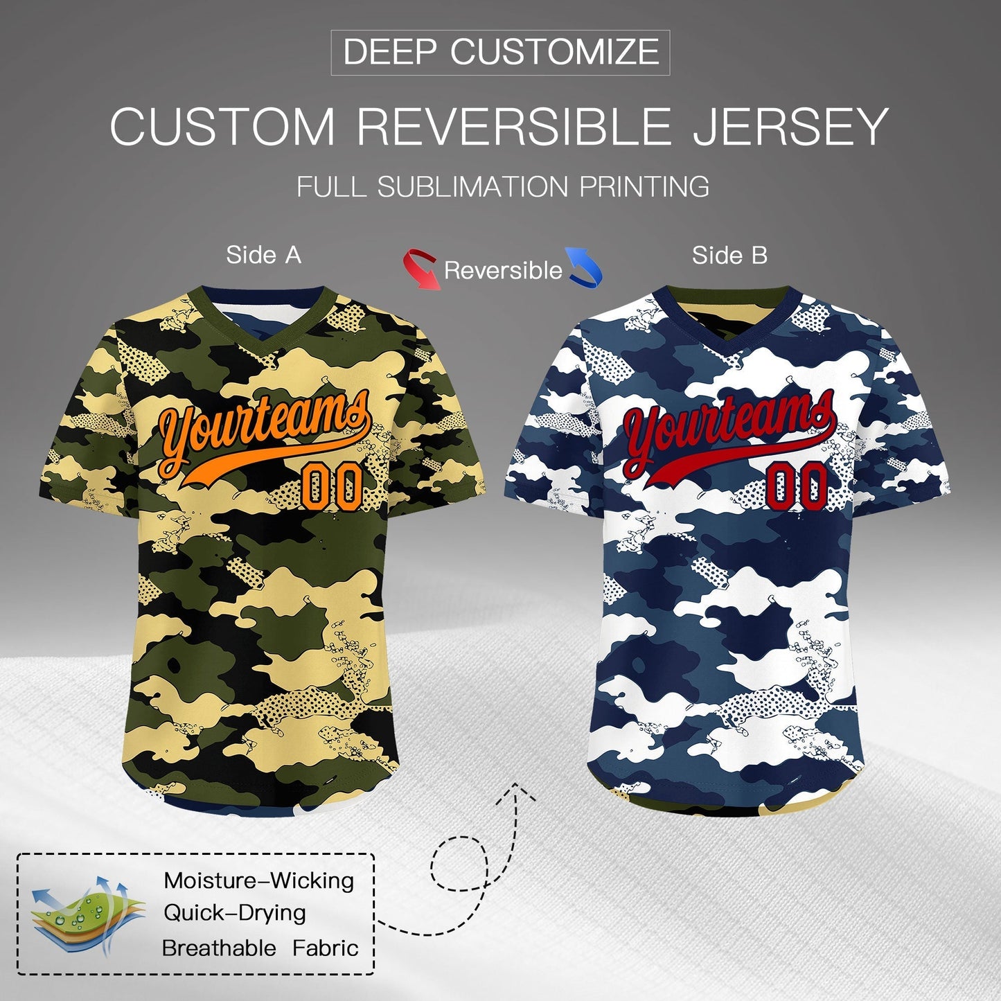 Custom Olive Khaki Midnight Blue Reversible Pullover Baseball Jersey Camo Stretch Fabric