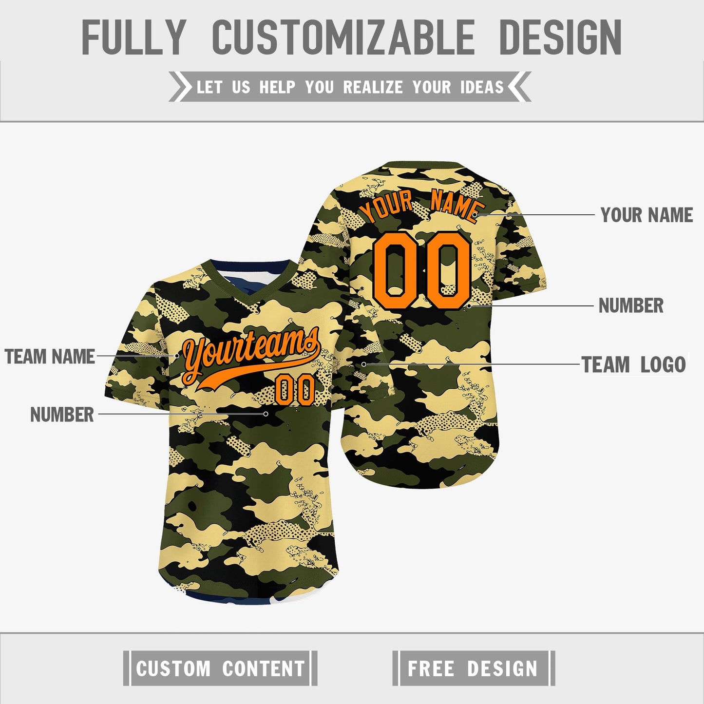 Custom Olive Khaki Midnight Blue Reversible Pullover Baseball Jersey Camo Stretch Fabric