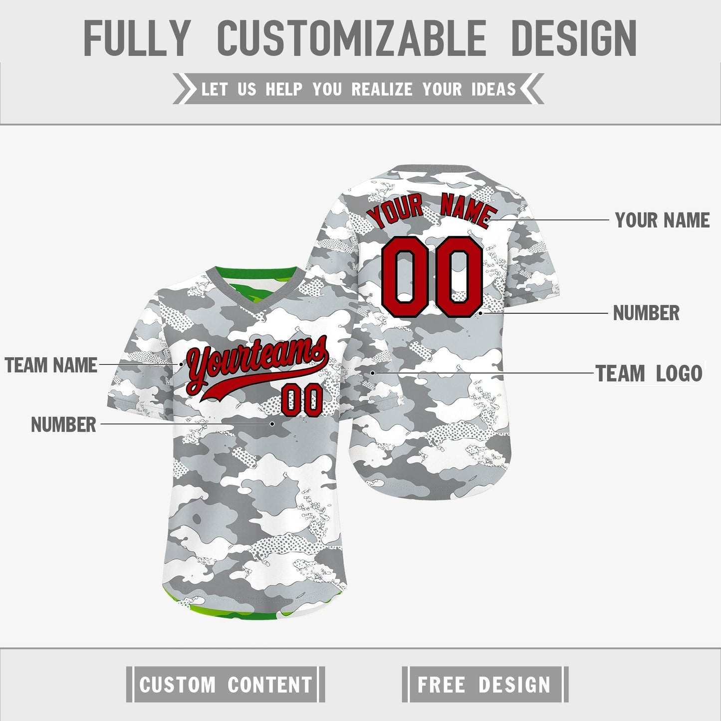 Custom Silver Light Green Reversible Pullover Baseball Jersey Camo Lightweight