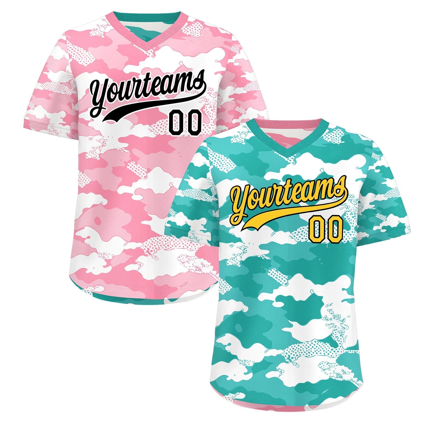 Custom Teal Aqua Light Pink Reversible Pullover Baseball Jersey Camo Stretch Fabric