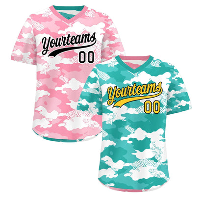 Custom Teal Aqua Light Pink Reversible Pullover Baseball Jersey Camo Stretch Fabric