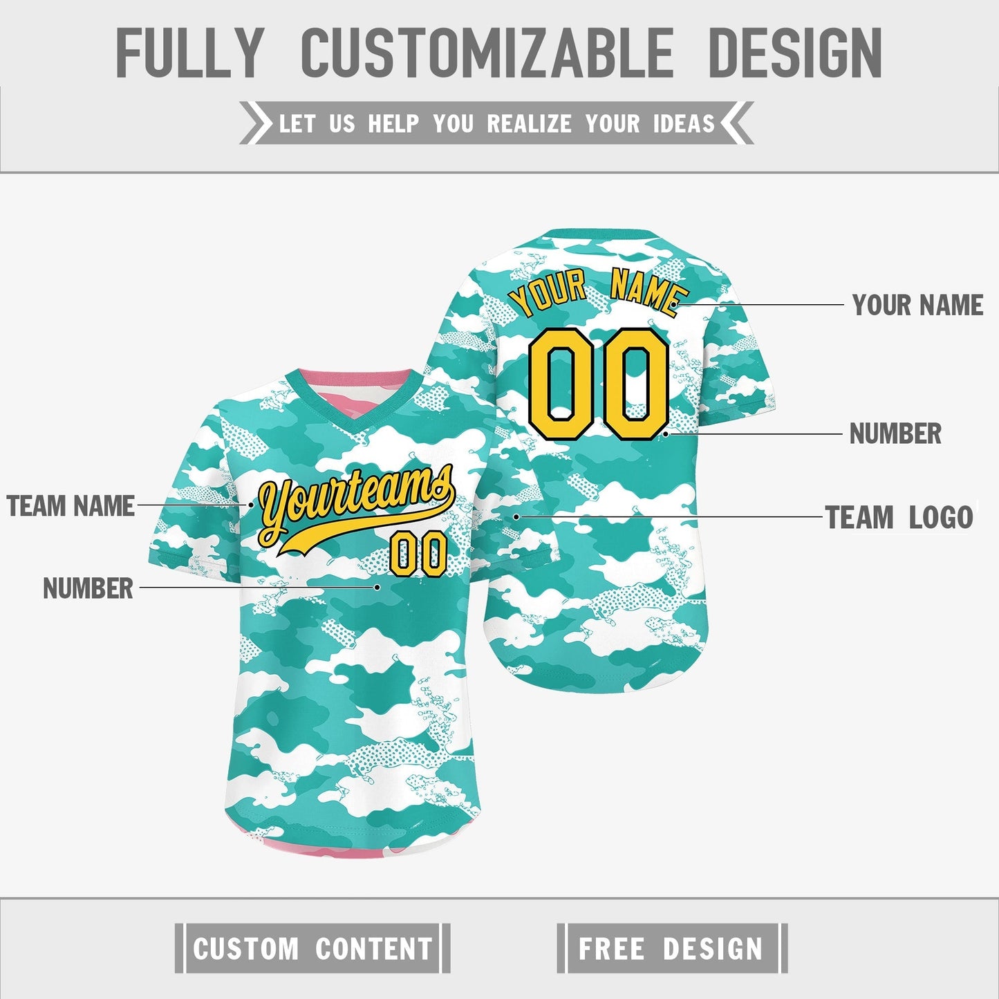 Custom Teal Aqua Light Pink Reversible Pullover Baseball Jersey Camo Stretch Fabric