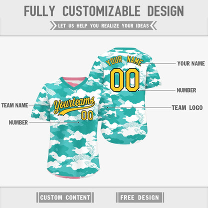 Custom Teal Aqua Light Pink Reversible Pullover Baseball Jersey Camo Stretch Fabric