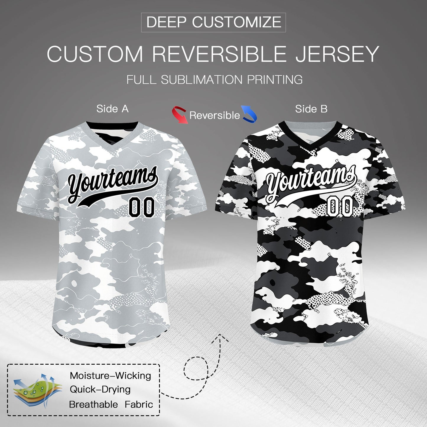 Custom White Black Reversible Pullover Baseball Jersey Camo Breathable