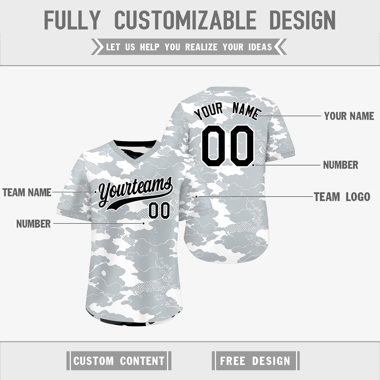 Custom White Black Reversible Pullover Baseball Jersey Camo Breathable