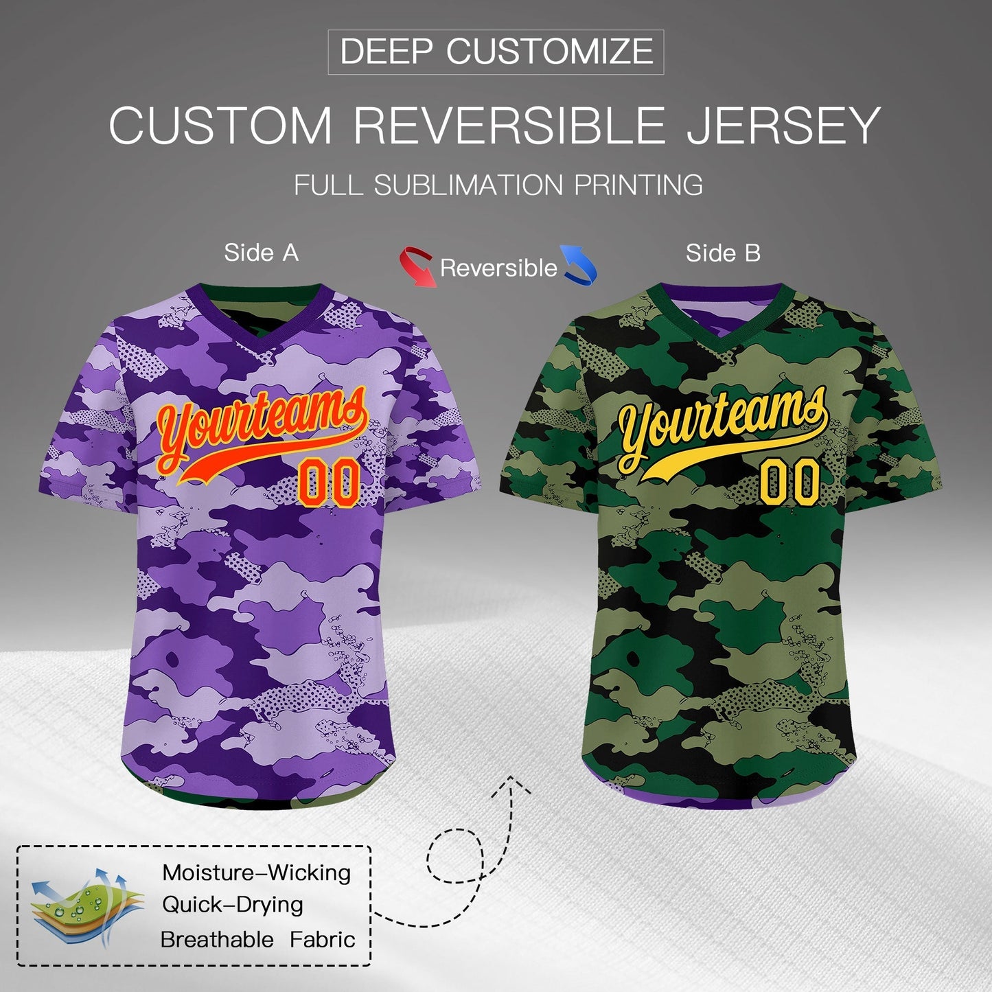 Custom Light Purple Dark Green Reversible Pullover Baseball Jersey Camo Lightweight