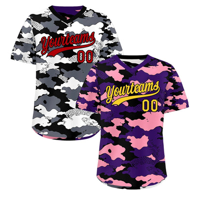 Custom Purple Light Pink White Reversible Pullover Baseball Jersey Camo Stretch Fabric