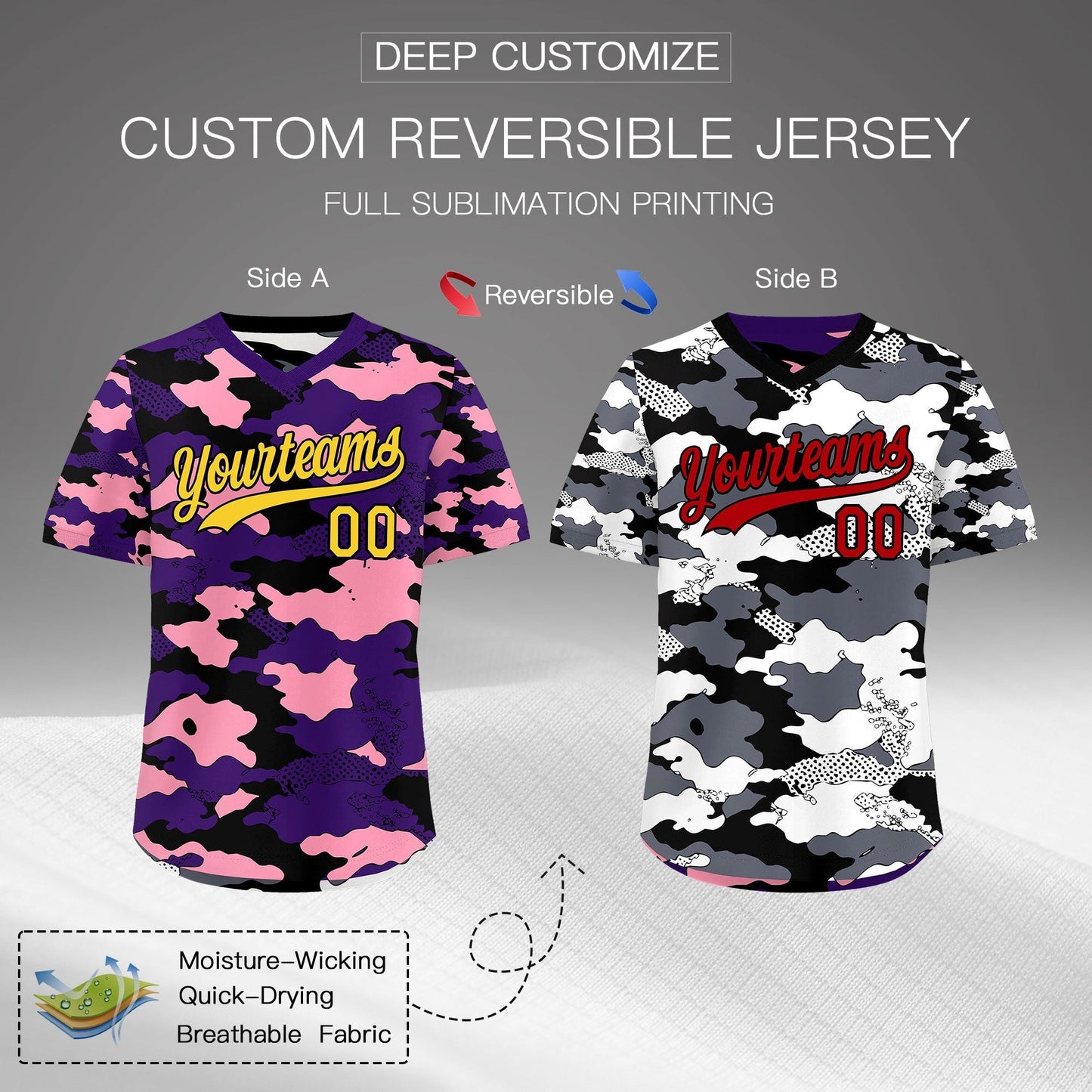 Custom Purple Light Pink White Reversible Pullover Baseball Jersey Camo Stretch Fabric