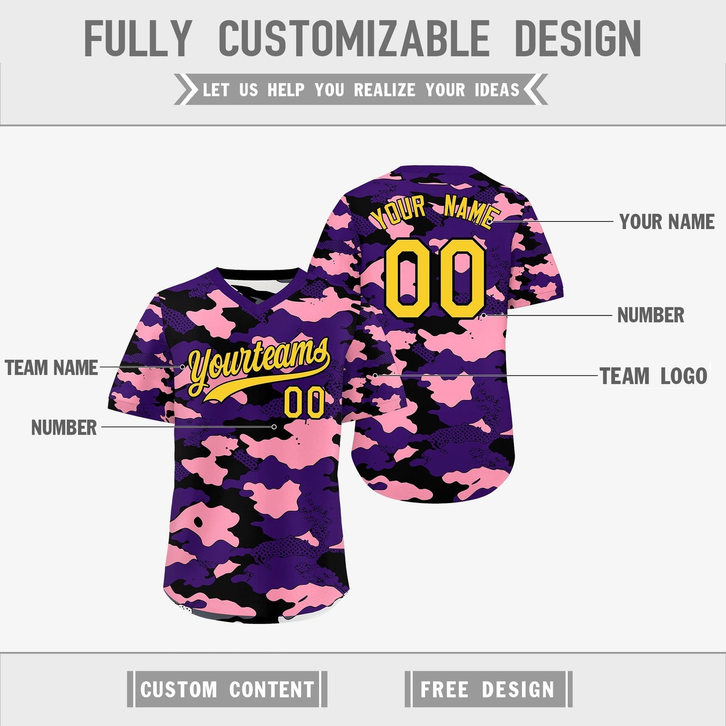 Custom Purple Light Pink White Reversible Pullover Baseball Jersey Camo Stretch Fabric