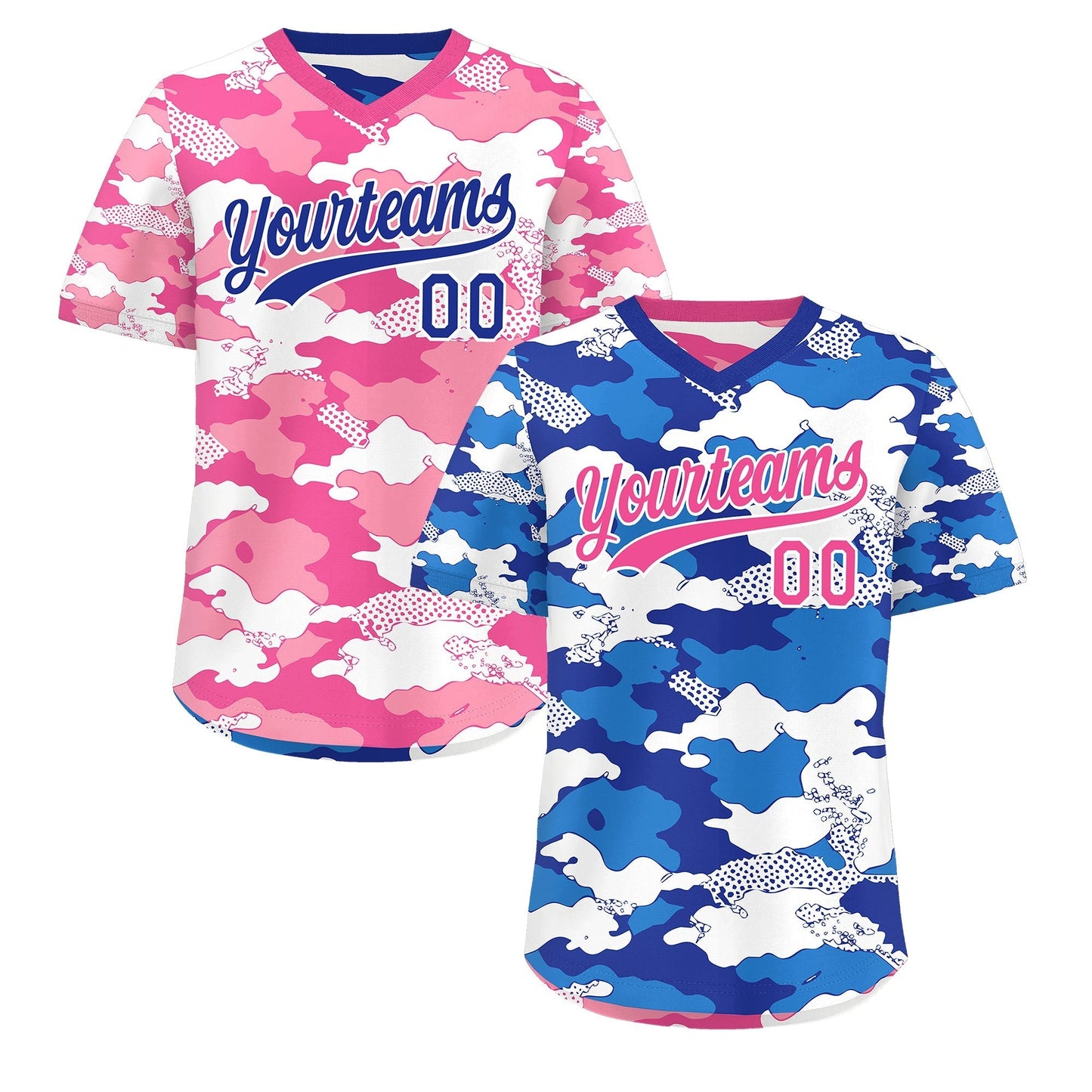 Custom Royal Blue Pink White Reversible Pullover Baseball Jersey Camo Breathable