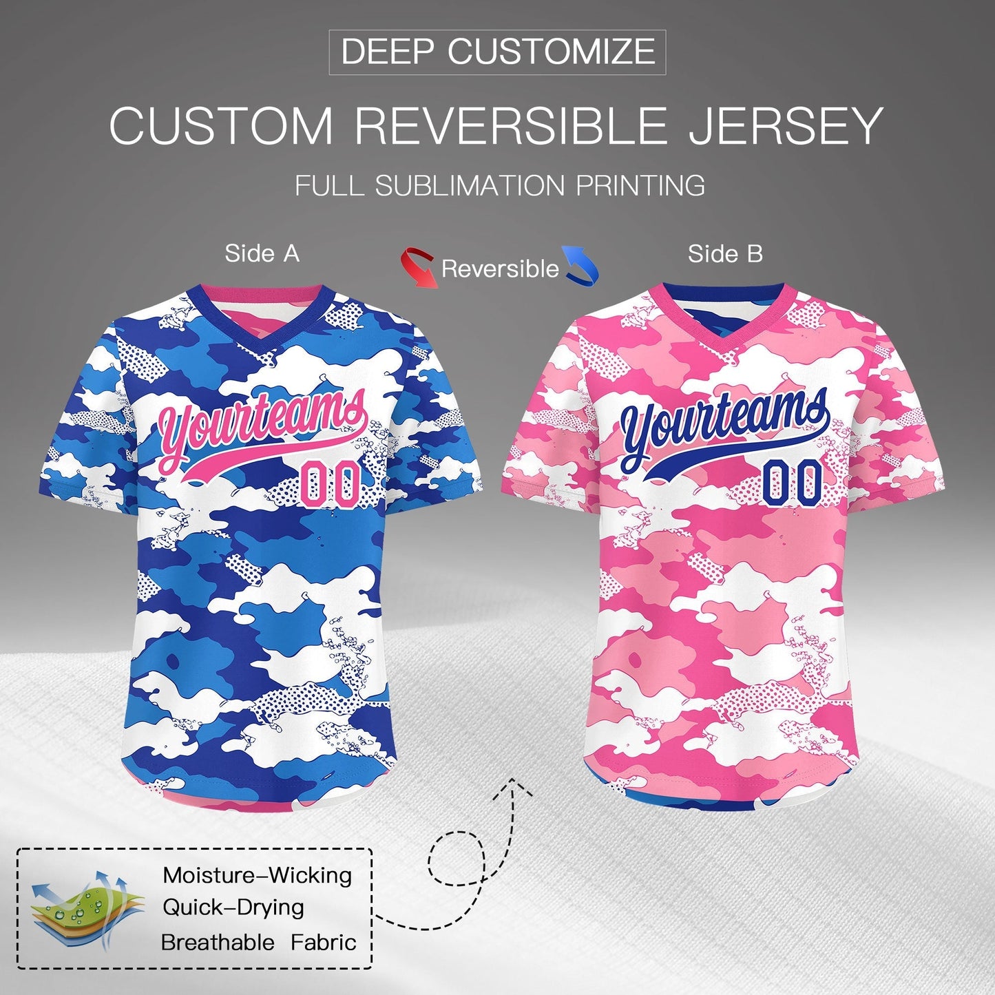 Custom Royal Blue Pink White Reversible Pullover Baseball Jersey Camo Breathable
