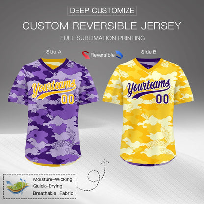 Custom Light Purple Yellow Cream Reversible Pullover Baseball Jersey Camo Lightweight