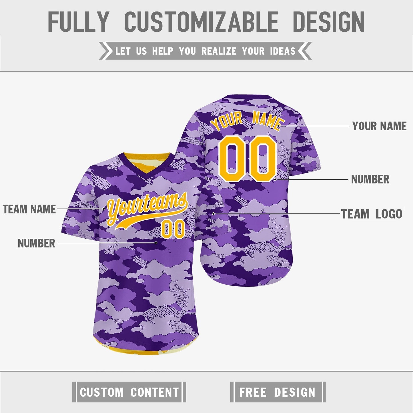 Custom Light Purple Yellow Cream Reversible Pullover Baseball Jersey Camo Lightweight