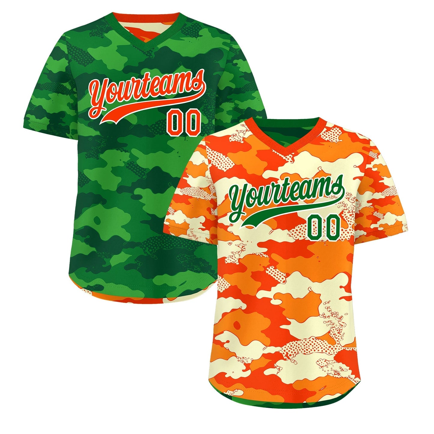Custom Orange Dark Green Kelly Green Reversible Pullover Baseball Jersey Camo Stretch Fabric