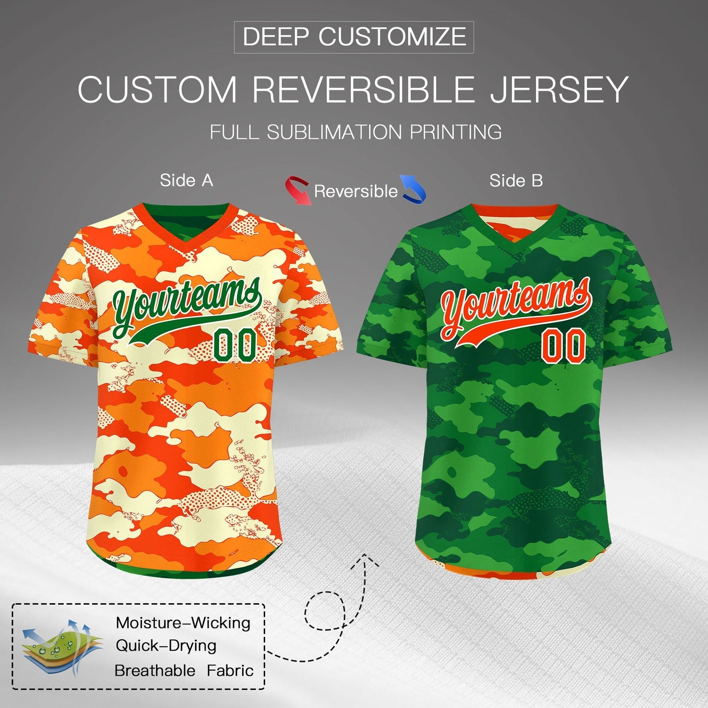 Custom Orange Dark Green Kelly Green Reversible Pullover Baseball Jersey Camo Stretch Fabric