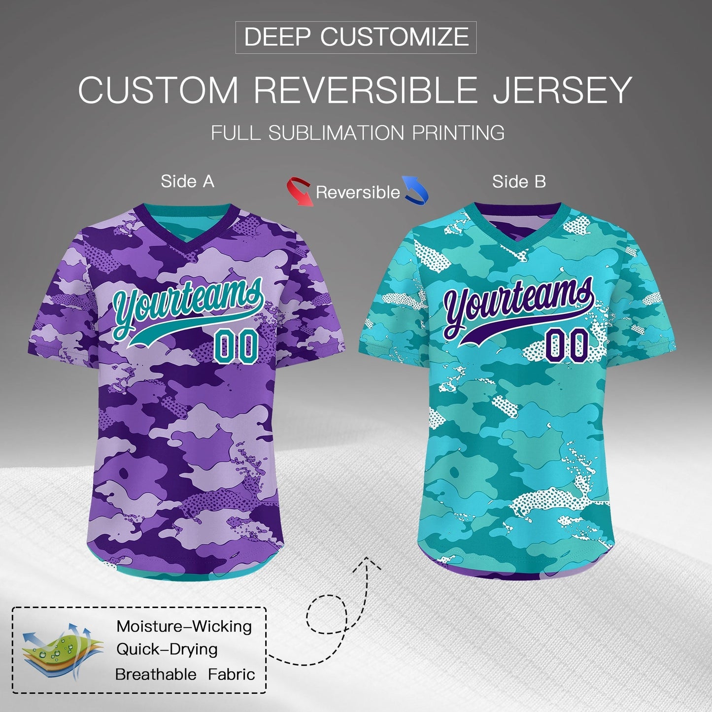 Custom Purple Light Purple Bright Green Reversible Pullover Baseball Jersey Camo Lightweight