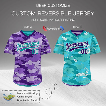 Custom Purple Light Purple Bright Green Reversible Pullover Baseball Jersey Camo Lightweight