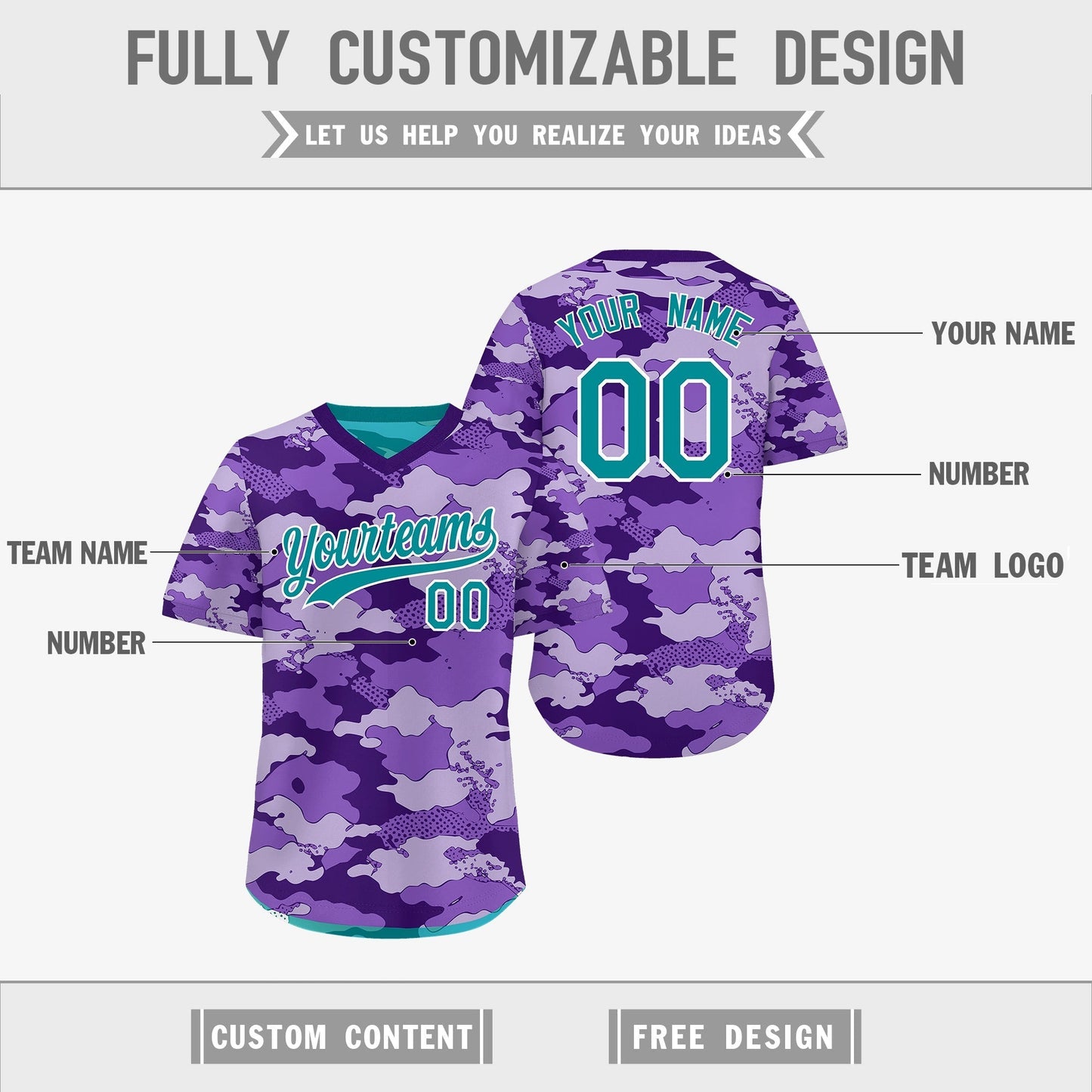 Custom Purple Light Purple Bright Green Reversible Pullover Baseball Jersey Camo Lightweight