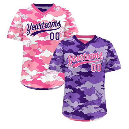 Custom Purple Pink White Reversible Pullover Baseball Jersey Camo Stretch Fabric