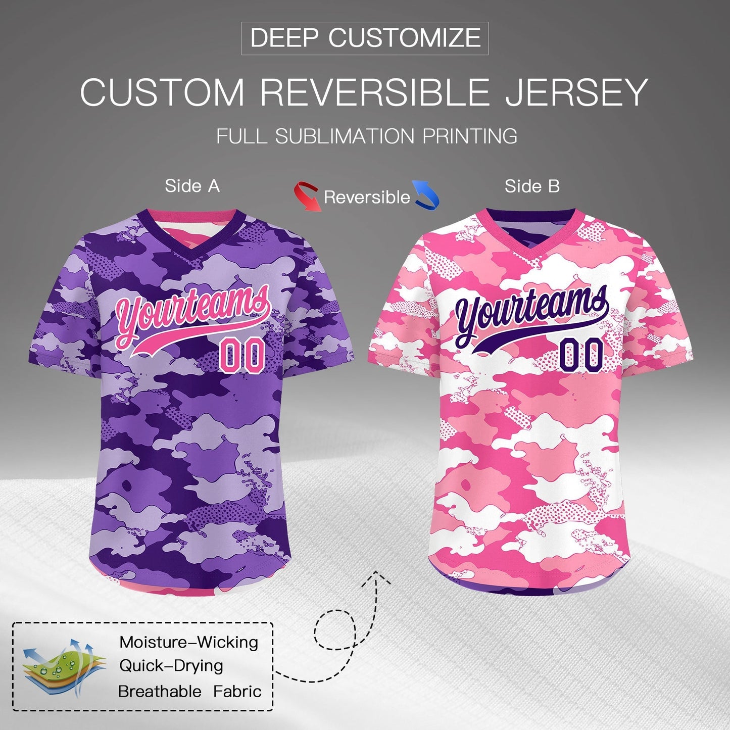 Custom Purple Pink White Reversible Pullover Baseball Jersey Camo Stretch Fabric