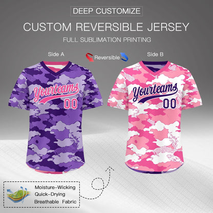 Custom Purple Pink White Reversible Pullover Baseball Jersey Camo Stretch Fabric