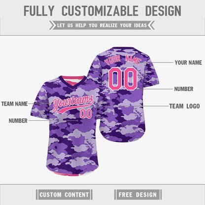 Custom Purple Pink White Reversible Pullover Baseball Jersey Camo Stretch Fabric