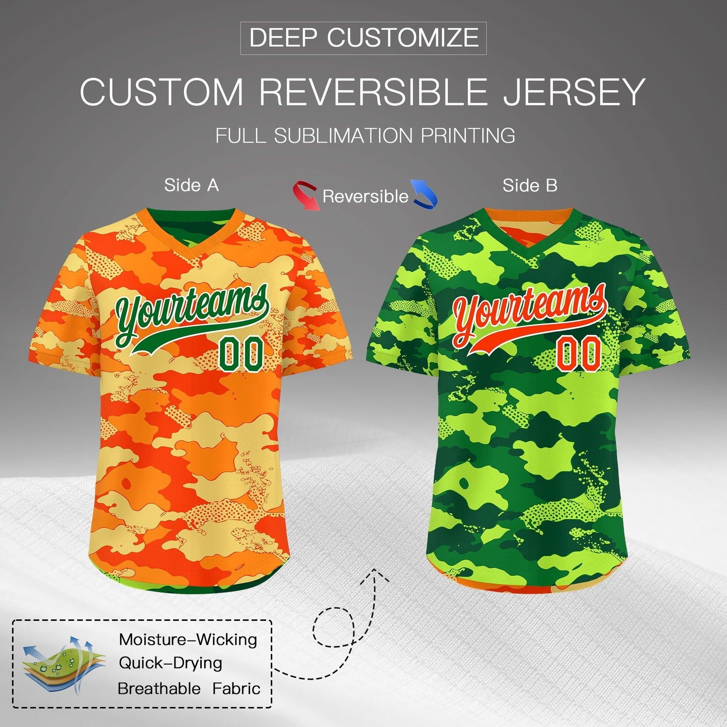 Custom Orange Dark Green Kelly Green Reversible Pullover Baseball Jersey Camo Breathable