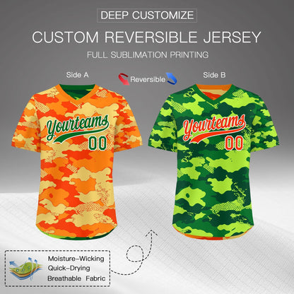 Custom Orange Dark Green Kelly Green Reversible Pullover Baseball Jersey Camo Breathable
