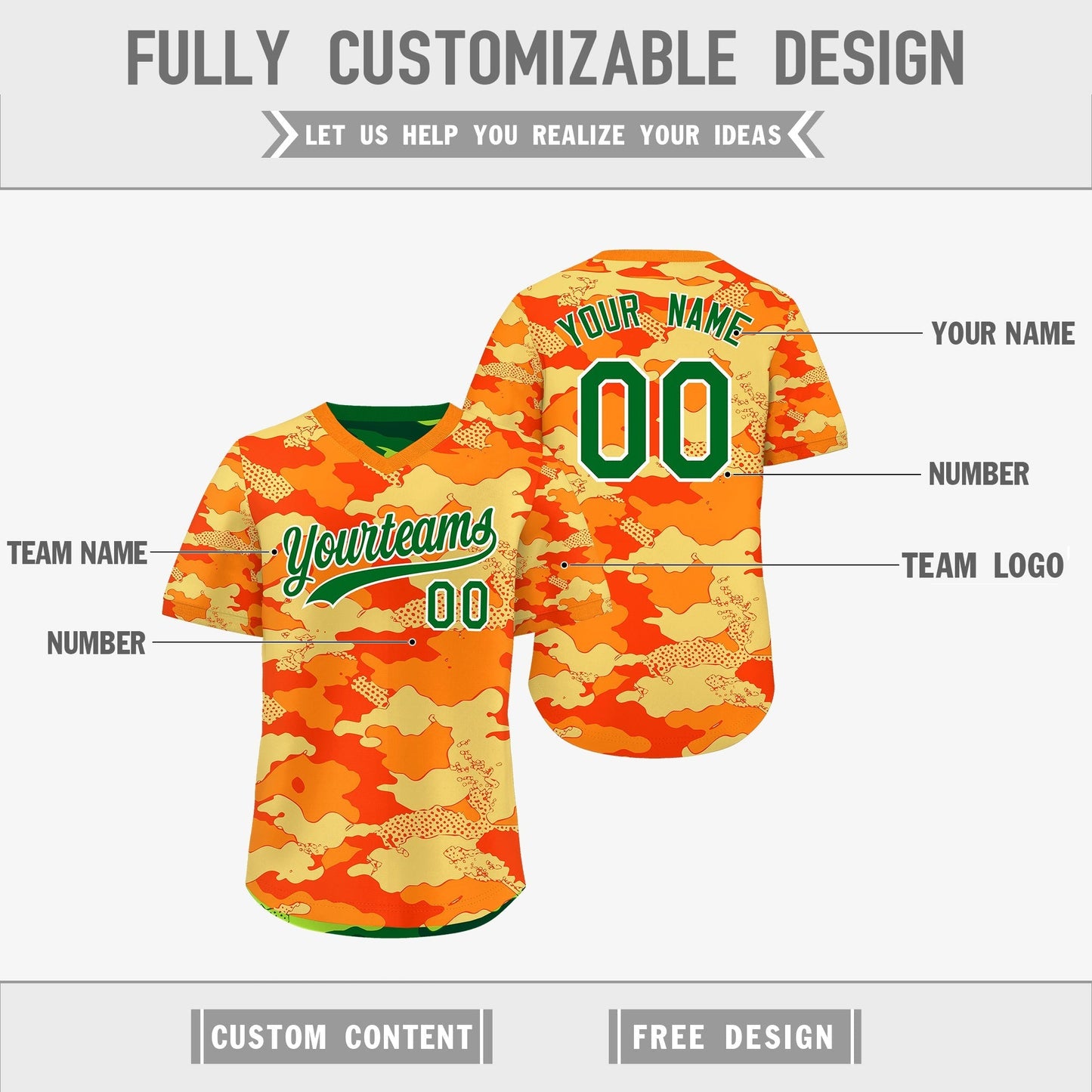Custom Orange Dark Green Kelly Green Reversible Pullover Baseball Jersey Camo Breathable