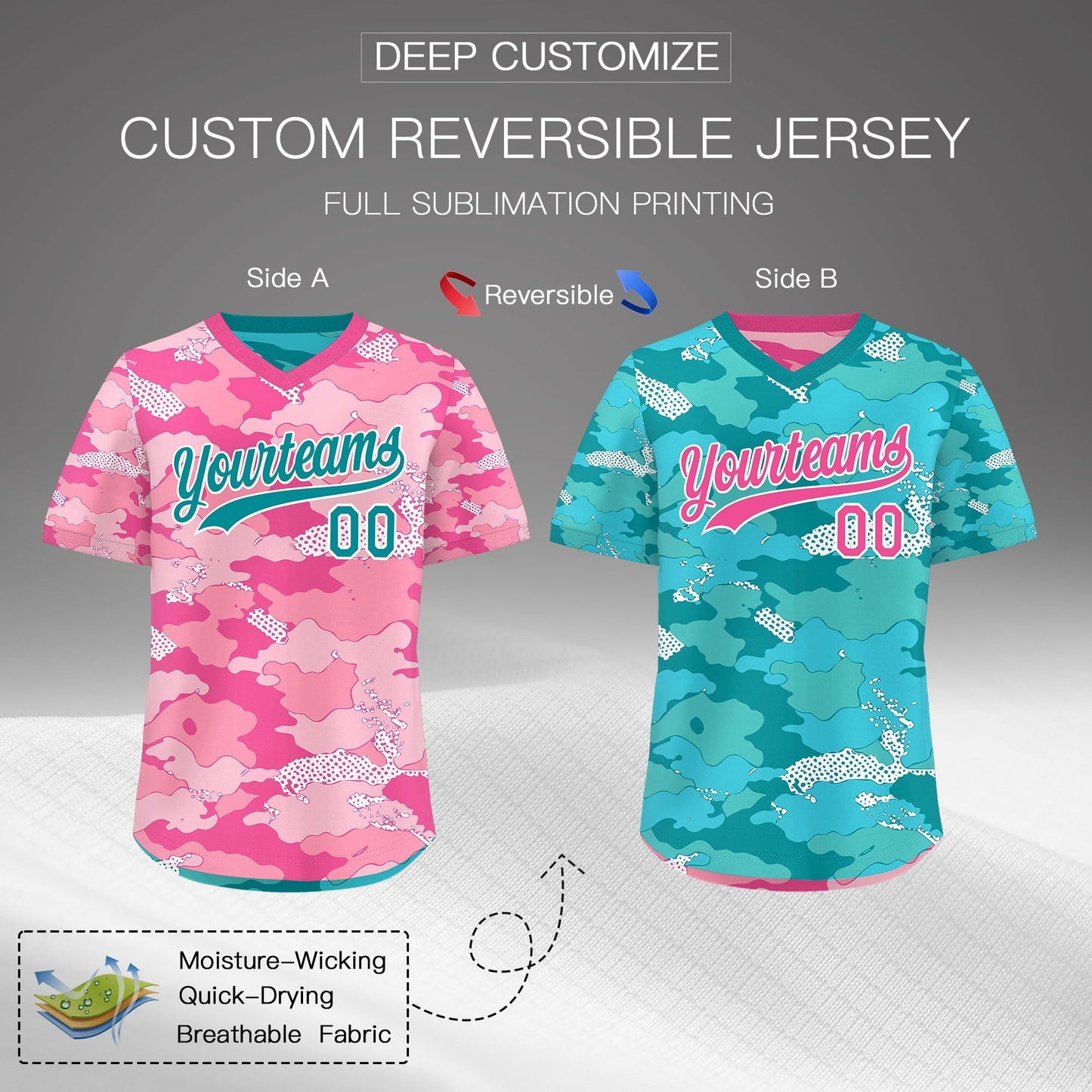 Custom Light Pink Pink White Reversible Pullover Baseball Jersey Camo Lightweight