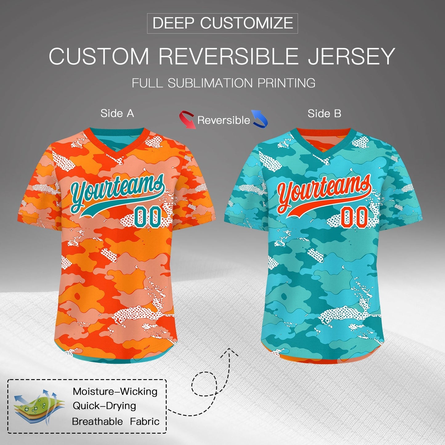 Custom Orange Light Orange Teal Reversible Pullover Baseball Jersey Camo Stretch Fabric