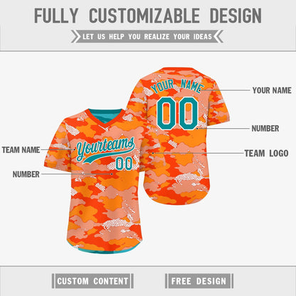 Custom Orange Light Orange Teal Reversible Pullover Baseball Jersey Camo Stretch Fabric