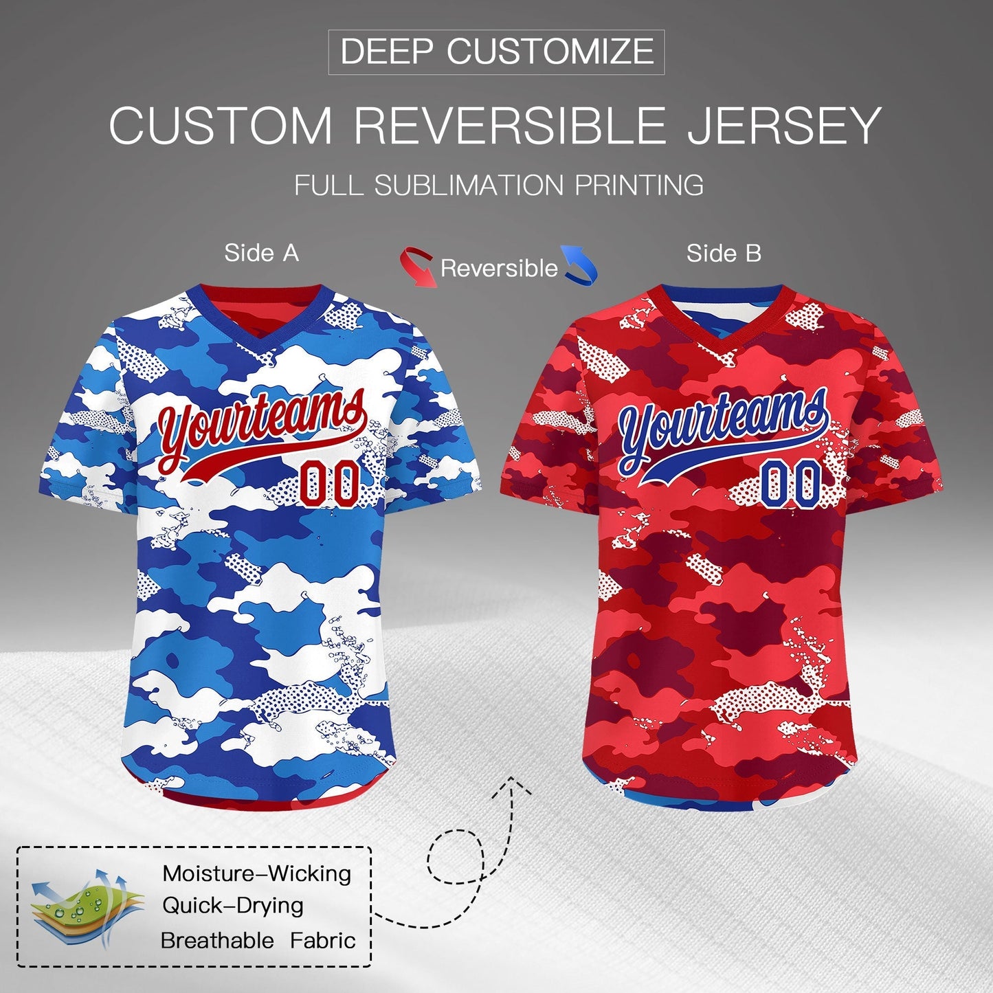 Custom Royal Royal Blue Red Reversible Pullover Baseball Jersey Camo Breathable